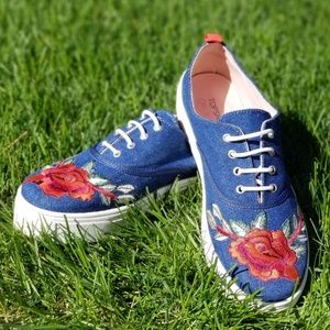 Topshop Platform Denim Sneakers w/Embroidery
